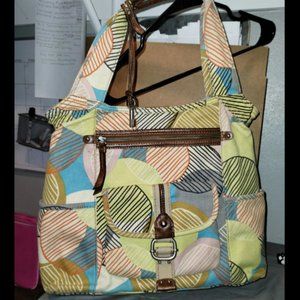 Fossil Key-Per Handbag Purse Tote Brown Leather Geometric Print Canvas